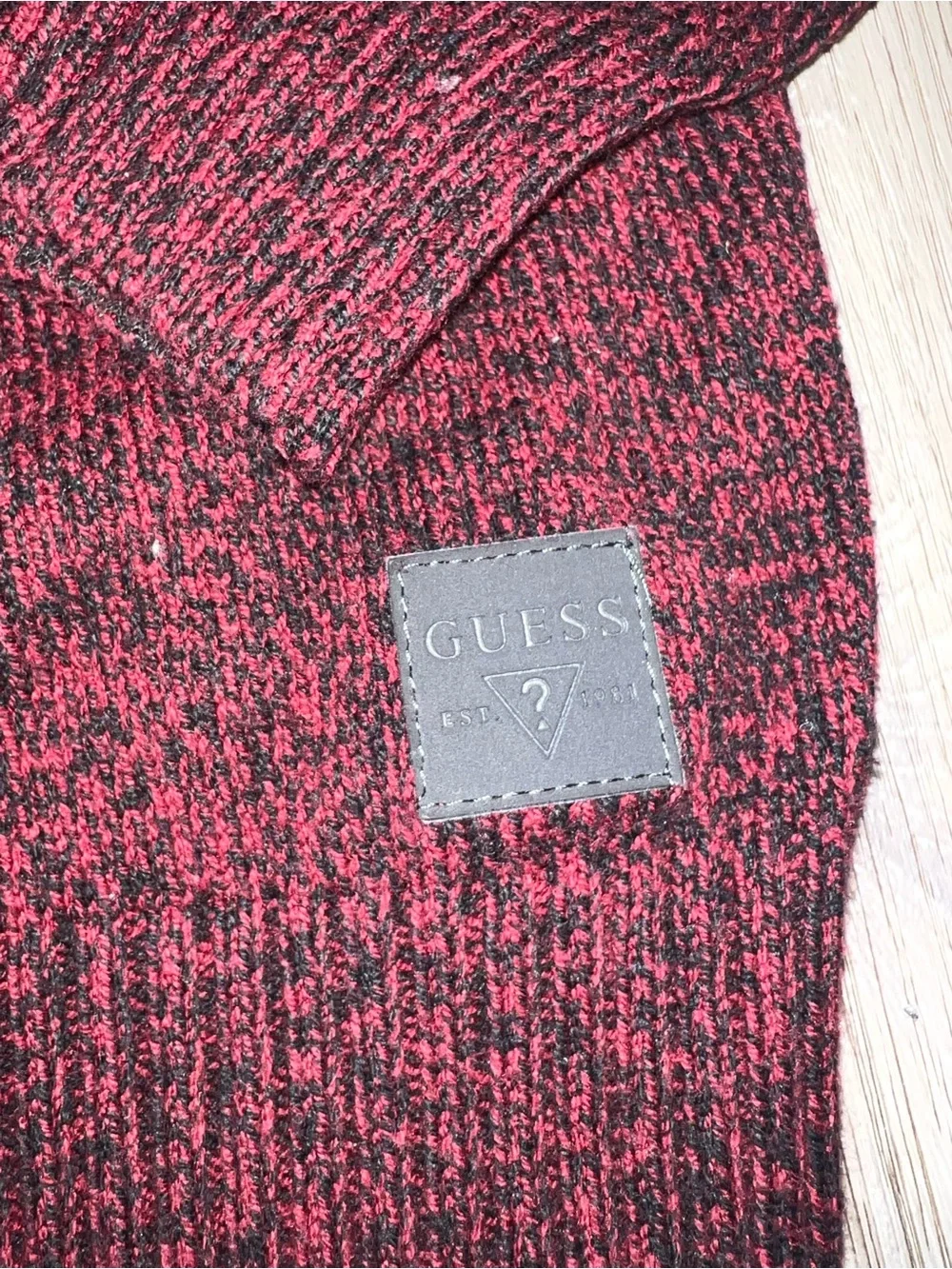 Guess Men's Burgundy Turtleneck Sweater with Black Fair Isle Detail